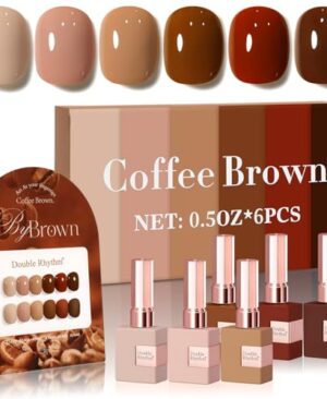 Double Rhythm 6 Pcs 15 ML Gel Polish Set Same Color Same Bottle Soak Off Gel Polish Kit Nail Art Manicure Salon DIY at Home for Women (Coffee Brown Nude Red Beige Pink-T6-5)