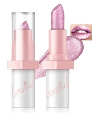 HOSAILY Metallic Pink Frost Glitter Lipstick for Women, Long Lasting High Shine Diamond Creamy Nude Light Pink Lipstick Transfer Proof,Shimmer High Impact Full Coverage Non Stick Cup Lip Makeup#1