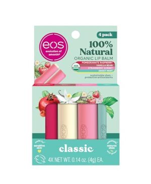 eos 100% Natural & Organic Lip Balm Sticks- Strawberry Sorbet, Vanilla Bean, Sweet Mint & Pomegranate Raspberry, Lip Care Products, 0.14 oz, 4-Pack