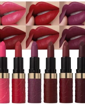evpct 6Pcs Pink Dark Ruby Wine Red Plum Purple Matte Lipstick Sets for Women Velvet Lipstick Long Lasting Waterproof 24 Hours Lip Stick Stain Makeup Gift Set labiales mate 24 horas originales B