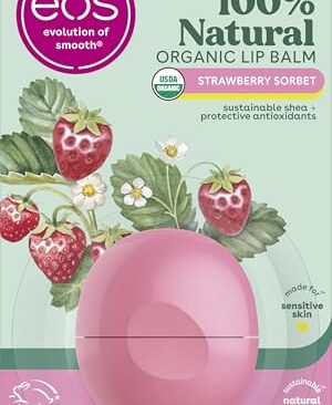 eos 100% Natural & Organic Lip Balm - Strawberry Sorbet, All-Day Moisture, Dermatologist Recommended for Sensitive Skin Care, Lip Care Products, 0.25 oz
