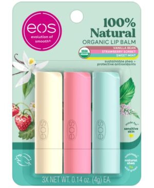 eos 100% Natural & Organic Lip Balm Trio- Vanilla Bean, Sweet Mint, & Strawberry Sorbet, Made for Sensitive Skin, Lip Care Products, 0.14 oz, 3-Pack