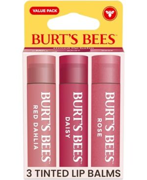 Burt’s Bees Tinted Lip Balm, Mothers Day Gifts, Value Pack Includes 3 Lip Balms: Red Dahlia, Daisy and Rose; 8 Hour Moisture; Nourishing Shea Butter; 100% Natural Origin; 3 Tubes