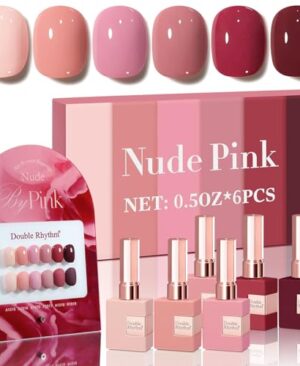 Double Rhythm 6 Pcs 15 ML Gel Polish Set Same Color Same Bottle Soak Off Gel Polish Kit Nail Art Manicure Salon DIY at Home for Women (Burgundy Red Nude Pink Purple Beige-T6-3)
