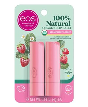 eos 100% Natural & Organic Lip Balm Sticks - Strawberry Sorbet, All-Day Moisture for Sensitive Skin, Dermatologist Recommended, 0.14 oz, 2-Pack