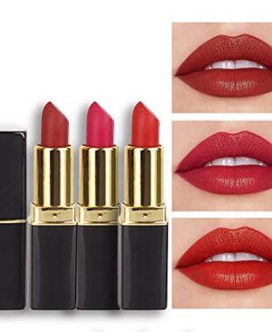 evpct 3Pcs Red Matte Lipstick Set for Older Women Long Lasting, Dark Light Bright Ruby Berry Red Matte Velvet Long Lasting Lipstick Waterproof Smudge Proof 24 Hours Original Lip Stick Stain Makeup Kit