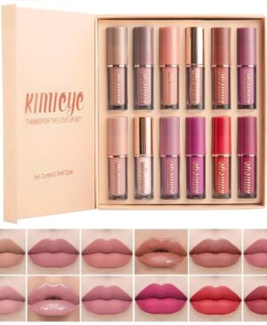 12Pcs Velvet Matte Liquid Lipstick Set, Waterproof Long Lasting Quick-drying Non-Stick Cup Nude Lip Stain Kit, Up to 24H Wear, Professional Lip Makeup Gift Kit for Women (SET A)