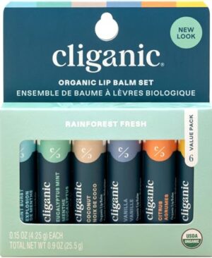 Cliganic Organic Lip Balm Set (6 Flavors) - 100% Natural Hydrating, Moisturizing for Dry Cracked Lips, Stocking Stuffer Gift for Men & Women