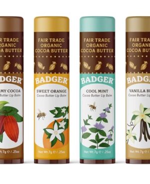 Badger Cocoa Butter Lip Balm Set, 100% Organic, Long Lasting Lip Moisturizers, Lip Care Variety Pack (Cocoa, Orange, Mint & Vanilla), All Natural Lip Balms, 4-pack