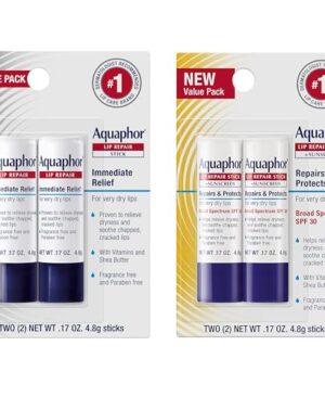 Aquaphor Lip Balm Set with Jojoba Oil and Shea Butter, Lip Repair Stick (2 x 0.17 Oz) + Repair Stick with Sunscreen SPF 30 (2 x 0.17 Oz), Fragrance Free, Paraben Free, Immediately Relieves Dryness