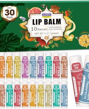 AZEN 30 Pack Lip Balm, Natural Lip Balm Bulk, Lip Care Product, Moisturizing Lip Balms for dry cracked lips, Mothers Day Gifts Easter Basket Stuffers - 10 Flavors