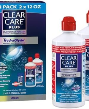 CLEAR CARE PLUS Cleaning & Disinfecting Contact Lens Solution (12 oz, Pack of 2), HydraGlyde Moisture Matrix, For Soft & RGP Lenses, Preservative-Free, Included Lens Case, Deep Cleaning Action