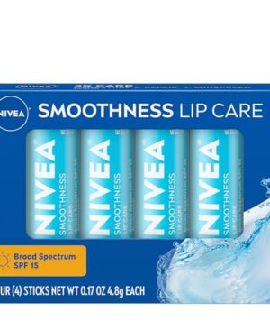 NIVEA Smoothness Lip Care, Sunscreen Lip Balm with SPF 15 Broad Spectrum, Shea Butter, Nourishing Oils and Vitamin C & E, 3-in-1 Moisture, Repair and Sunscreen, 0.17 Oz Stick, Pack of 4