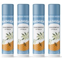 Badger Unscented Classic Lip Balm, 100% Organic Lip Balm for Sensitive Lips, Long Lasting Lip Moisturizer w/Light Silky Texture, 4 Pack