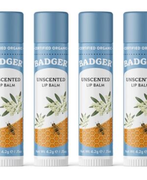 Badger Unscented Classic Lip Balm, 100% Organic Lip Balm for Sensitive Lips, Long Lasting Lip Moisturizer w/Light Silky Texture, 4 Pack