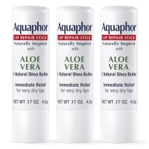 Aquaphor Naturally Inspired Lip Repair Stick with Aloe Vera and Natural Shea Butter, Hydrating Lip Balm Immediately Relieves Dryness and Soothes Chapped Lips, 0.17 Oz Stick, Pack of 3
