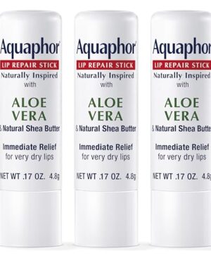 Aquaphor Naturally Inspired Lip Repair Stick with Aloe Vera and Natural Shea Butter, Hydrating Lip Balm Immediately Relieves Dryness and Soothes Chapped Lips, 0.17 Oz Stick, Pack of 3