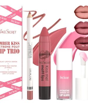 3PCS Lip Liner and Lipstick Combo Set, Velvet Matte Lipstick Pencil & Hydrating Lip Gloss - High Pigment Nude Brown Collection, Long-Lasting Moisturizing Lip Liner for Defining