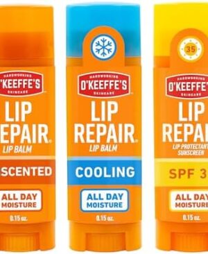 O'Keeffe's Lip Repair Lip Balm Set for Dry, Cracked Lips - Stick (Pack of 3: 1 Cooling + 1 Unscented + 1 SPF) - Moisturizer for for Extremely Cracked, Dry Lips