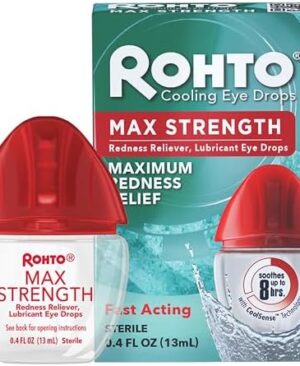 Rohto Max Strength Redness Reliever, Lubricant Eye Drops, Fast, Cooling Relief for Red, Dry, Itchy Eyes, Redness and Dryness Symptom Relief, Soothing Eye Drops, 0.4 fl oz Bottle