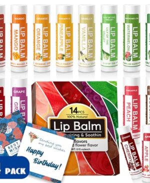 Yopela 14 Pack Natural Lip Balm in Bulk with Vitamin E and Coconut Oil - Moisturizing, Soothing, and Repairing Dry and Chapped Lips Valentine's Gift - 14 Flavors - Non-GMO - With Greeting Card