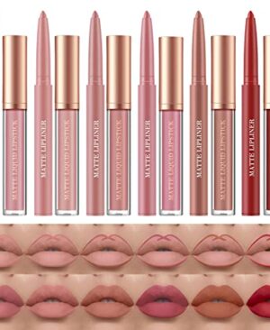 BestLand 12Pcs Matte Liquid Lipstick + Lip Liner Pens Set, One Step Lips Makeup Sets Pigment Velvety Nude Lip Stain Waterproof Long Wear Lip Gloss Make up Gift Set (Set C)