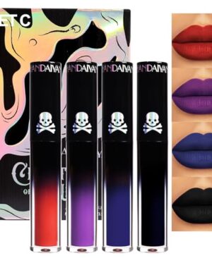 4Pcs Dark Red Purple Blue Black Matte Liquid Lipstick Sets,Matte Lipstick Lip Stain Long Lasting 24 Waterproof Lip Gloss Gift Set Matt Liquid Makeup Lipstick for Women Halloween Party Cosplay(Set C)