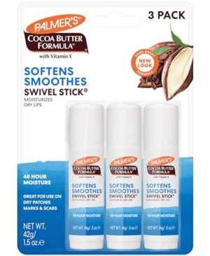 Palmer's Cocoa Butter Formula Moisturizing Swivel Stick with Vitamin E, Lip Balm for Valentine's Day, Face & Body Moisturizer Stick, Ideal for Treating Dry Skin Patches (Pack of 3)