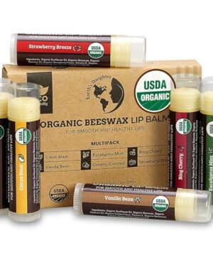 Earth's Daughter USDA Organic Lip Balm 6-Pack - Fruit Flavors, Beeswax, Coconut Oil, Vitamin E - Best Lip Repair Chapstick for Dry Cracked Lips - Moisturizing Lip Care