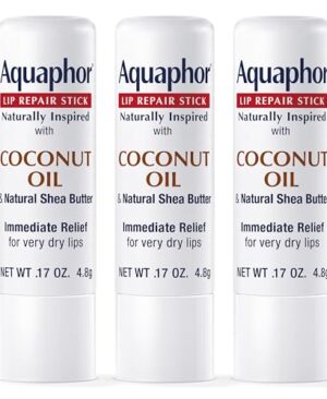 Aquaphor Naturally Inspired Lip Repair Stick with Coconut Oil and Natural Shea Butter, Hydrating Lip Balm Immediately Relieves Dryness and Soothes Chapped Lips, 0.17 Oz Stick, Pack of 3