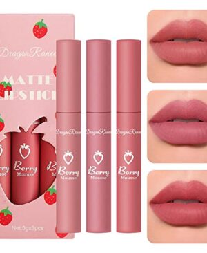 3Pcs Matte Lipstick for Women, Rose Red Nude Liquid Lipstick Makeup, Long Lasting High Impact Color, Velvet Air Moisture Smooth Crayon Lip Stain, Non-Stick Cup Waterproof Lip Gloss, Up to 24H Wear