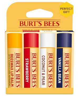 Burt's Bees Lip Balm, Beeswax, Strawberry, Coconut and Pear, and Vanilla Bean Pack, With Responsibly Sourced Beeswax, Tint-Free, Natural Lip Treatment, 4 Tubes, 0.15 oz.