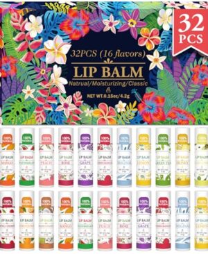 VISRIE 32 Pack Lip Balm, Natural Lip Balm Bulk with Vitamin E and Coconut Oil, Moisturizing Lip Balms for Dry Lips-16 Flavors