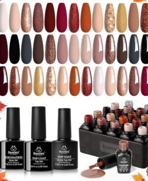 Beetles Fall Gel Nail Polish Set, 23Pcs Brown Burgundy Red Nude Pink
