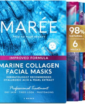 MAREE Collagen Facial Mask with Hyaluronic Acid — Sheet Face Mask Skincare — Centella Asiatica, Green & Red Algae Extract — Hydrating Facemask For Women Skin Care — Mascarillas Para La Cara — 6 Count
