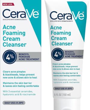 CeraVe Foaming Acne Cream Cleanser, Face Wash with 4% Benzoyl Peroxide, 5oz