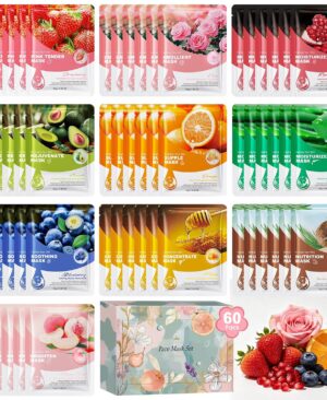 Face Mask, 60 Pack Face Masks Skincare Set, Bulk Gifts for Women, Hydrating Facial Sheet Masks, Spa Supplies Party Favors, Gift Set for Birthday Bridal Party Christmas Stocking Stuffers