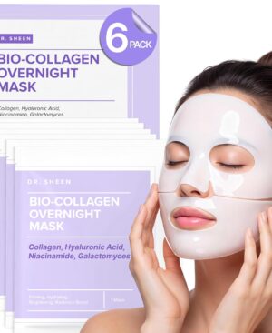 Bio Collagen Face Mask Overnight, 6 Pack – Hydrogel Korean Face Masks, Hydrating Collagen Mask for All Skin Types, Anti-Aging Face Masks Skincare, Deep Moisturizing, Improves Elasticity & Radiance