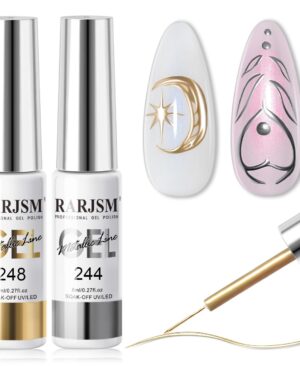 RARJSM Metallic Gel Liner Nail Art Silver Bronze Gold 2pcs Set Mirror Chrome 3D Effect Gel Nail Polish 8ml Build in Thin Brush Metal Painted Drawing Stripper Gelpolish Curing Requires for Home Salon