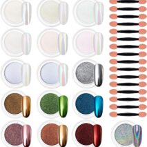 Artdone 16 Colors Chrome Nail Powder, Iridescent Aurora White Pearl