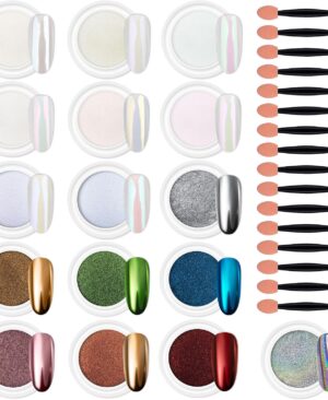 Artdone 16 Colors Chrome Nail Powder, Iridescent Aurora White Pearl
