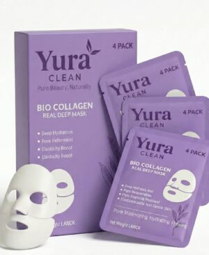 Yura Clean Collagen Face Mask – Korean Overnight Bio-Collagen Sheet Mask for Glowing, Hydrated & Firm Skin – Anti-Aging, Moisturizing & Skin Rejuvenation – 4 Pack – Ideal Holiday Gift for Women