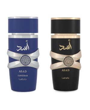 Lattafa Asad 5th Anniversary Edition – Spicy, Woody, Amber, Sweet – 2 Piece Eau de Parfum Gift Set for Men (Asad + Asad Zanzibar, 2 × 3.4 Ounce / 100 ml Sprays)