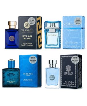 Versace Cologne for Men Set of 4 Mini Eros, Pour Homme, Dylan Blue, Eau Fraiche Perfume for Men Fragrance Sampler Set - Designer Mens Cologne Samples (4 Count, 0.17 oz)