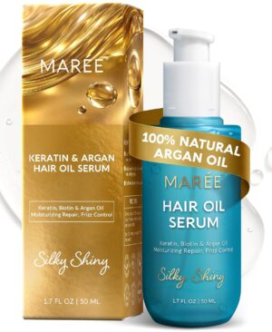 MAREE Hair Oil for Frizzy Hair with Argan Oil, Keratin & Biotin – Hair Serum for Dry and Curly Hair Gloss – Frizz Control Hair Care Products for Women – Aceite Para el Cabello – 50 ml
