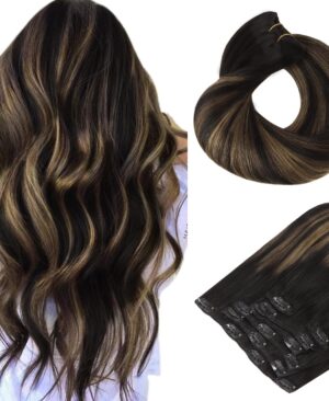 HOTBANANA Clip in Hair Extensions Real Human Hair, Quick Wear Full Head 16"