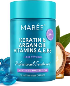 MAREE Hair Serum for Frizzy Dry Hair – Styling Capsules with Keratin, Argan Oil, Vitamins A E B5 – UV & Heat Protectant Frizz Control Serum for Women – Aceite Para el Cabello Treatment